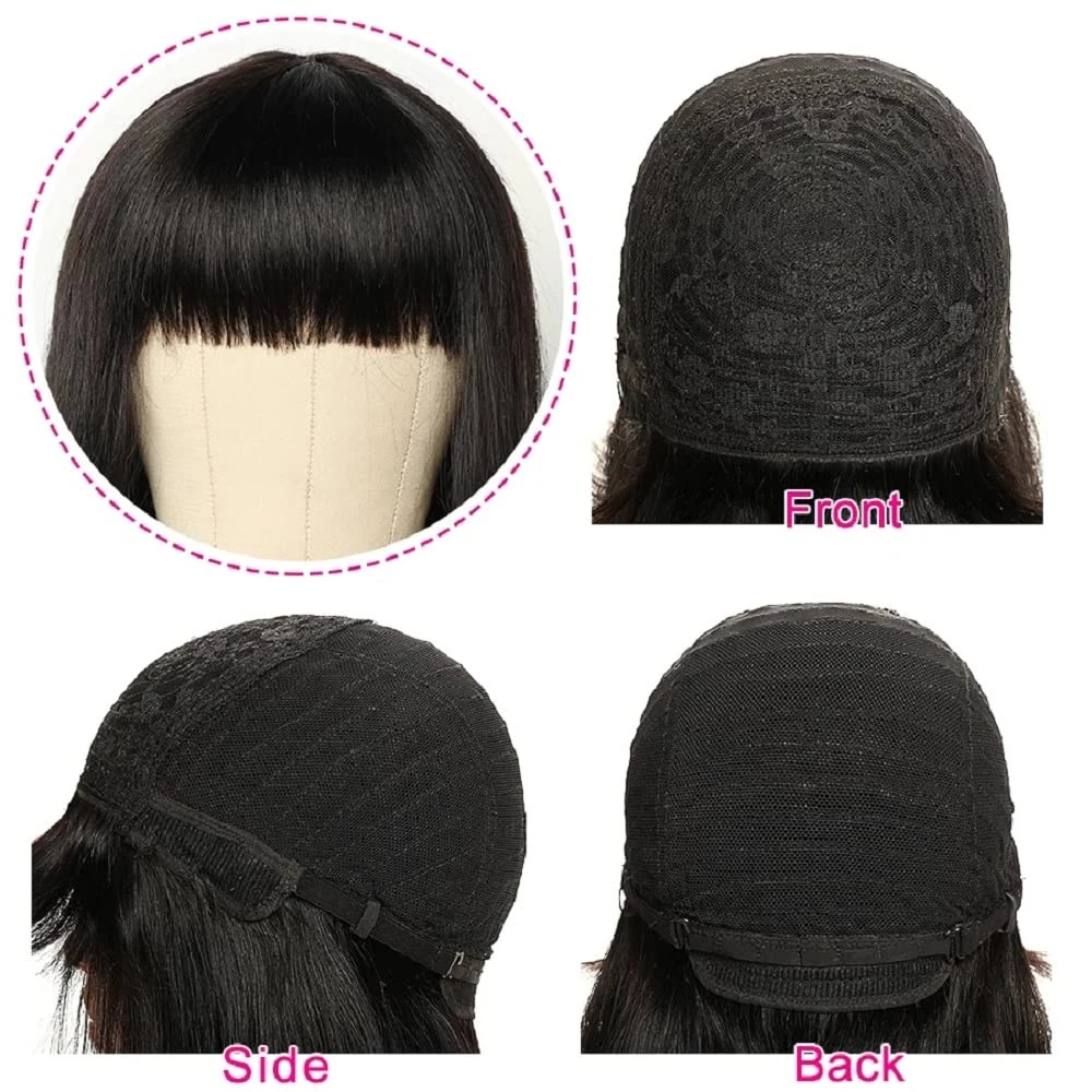Parrucca corta in capelli umani con frangia completa, dall'aspetto naturale, realizzata a macchina, corta, nera, taglio a bob, per uso quotidiano. - immagine 5