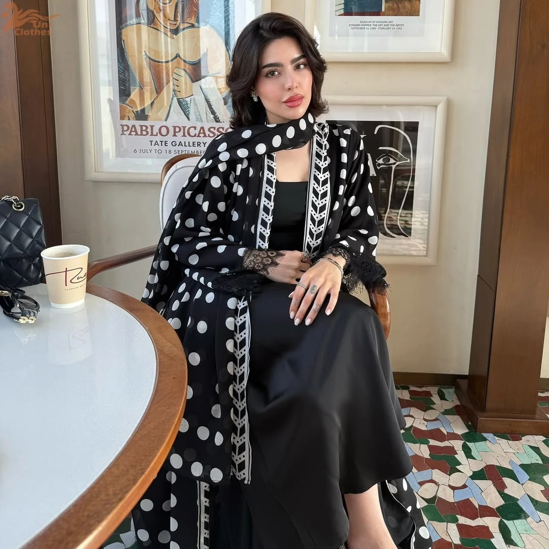 Zahraa New Muslim Polka Dot Printing Chiffon Abaya Fashion Lace Sleeve Hijab Clothing Women Open Kaftan 2