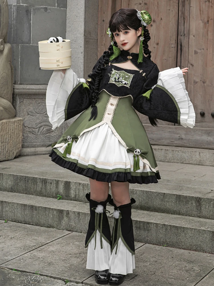 Autumn And Winter Lolita Kung Fu Roll Cute Panda Chinese Vintage Plate Button Short Top Long Sleeve Princess Style Dress