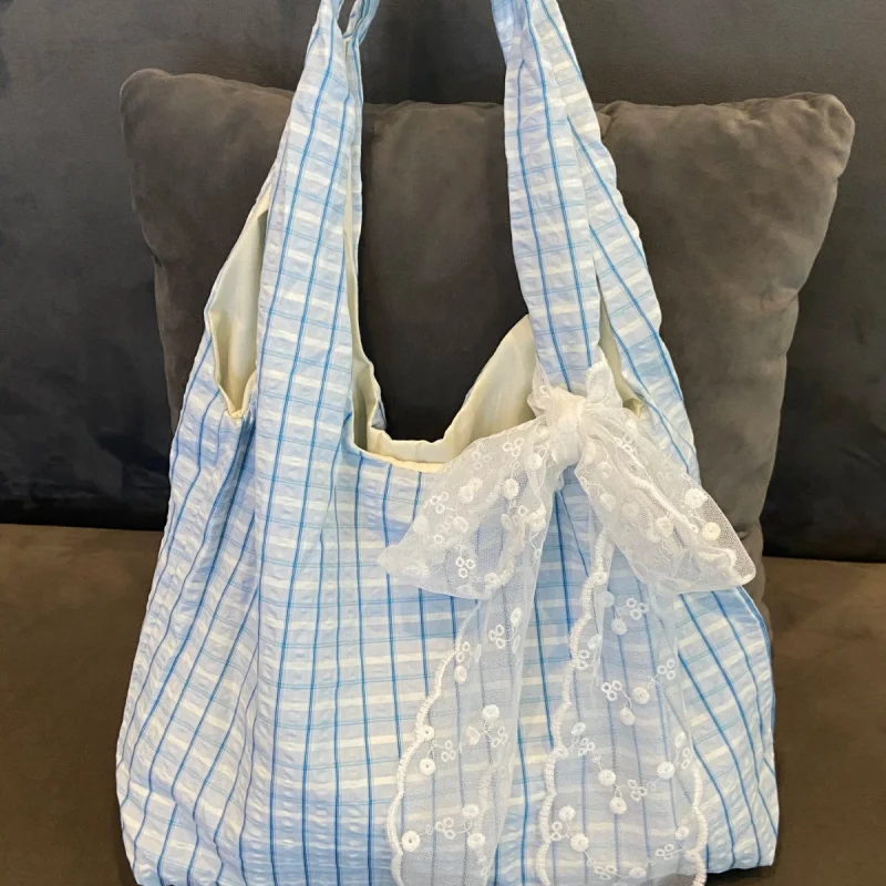 Korean Blue Checkered Canvas Bag, Women'S 2025 New Large Capacity Single Shoulder Tote Bag, College Style Commuting Armpit Bag