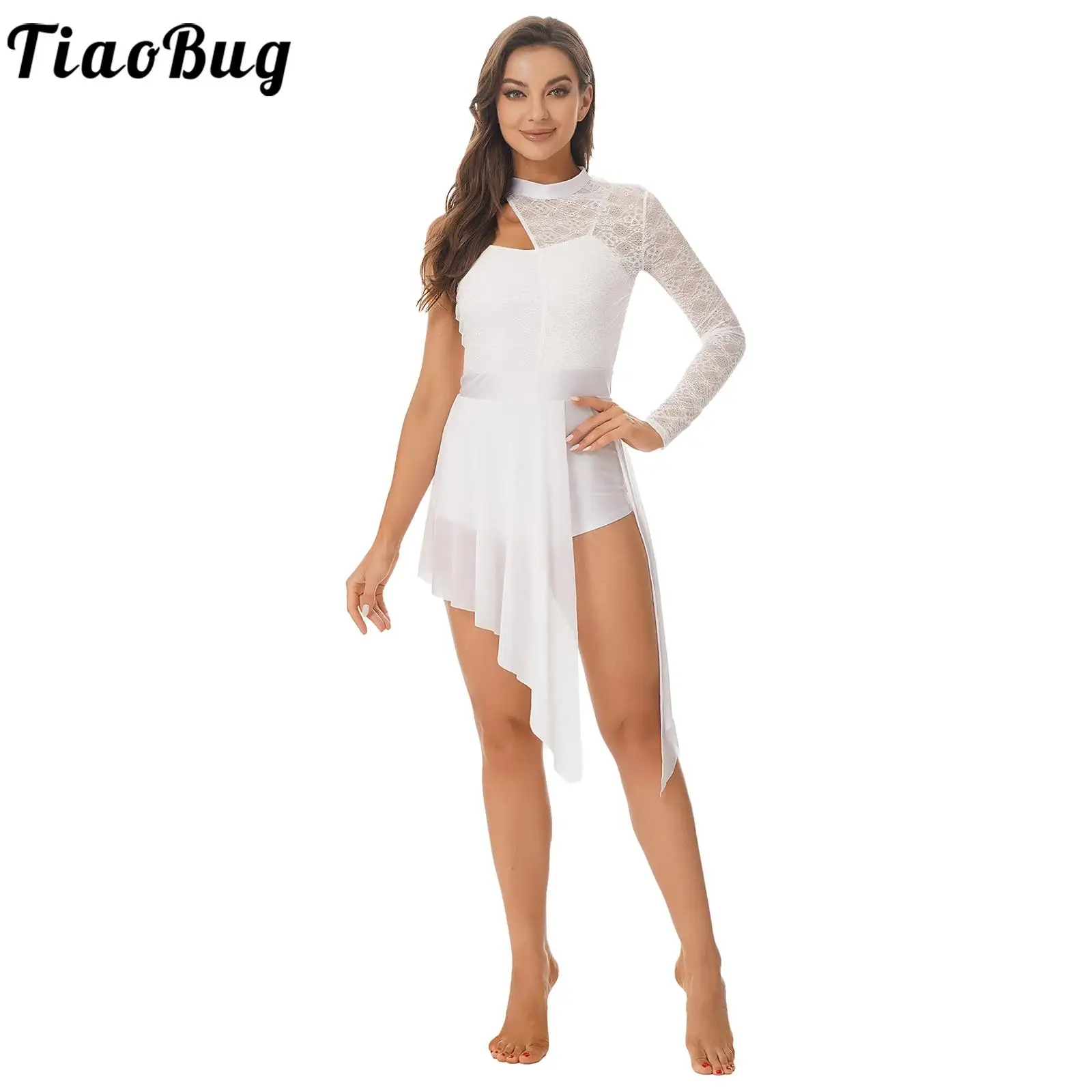 

Женский Лирический танцевальный костюм, кружевное Сетчатое платье с вырезом и асимметричным подолом, Облегающий комбинезон для латиноамериканских балетов и джаза