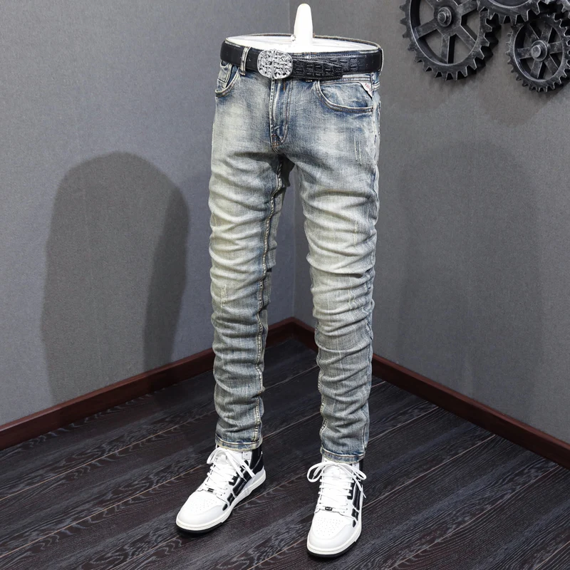 Italian Style Fashion Men Jeans High Quality Retro Washed Elastic Slim Fit Ripped Jeans Men Vintage Designer Denim Pants Hombre