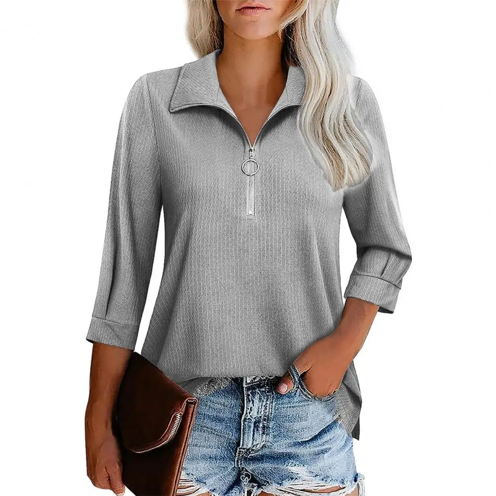 

Fashion Women Blouse Three Quarter Sleeve Solid Color Zipper Lapel Collar Autumn Casual Lady Blouse Top blusa mujer moda 2023