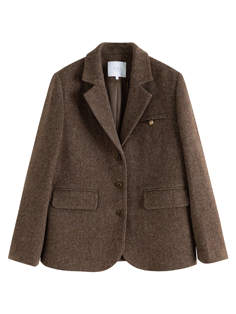FSLE Retro Classic Style 100% Wool Suit Jacket for Women 2023 Niche Design Winter Commuter Brown Woolen Sets Female 5