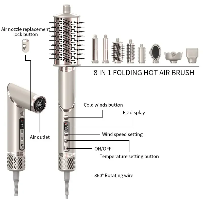 New 8 in 1 Folding Hair Dryer Multifunctional Hot Air Comb Negative ion Home Set Straight Hair Comb Hair Styling Tool 3