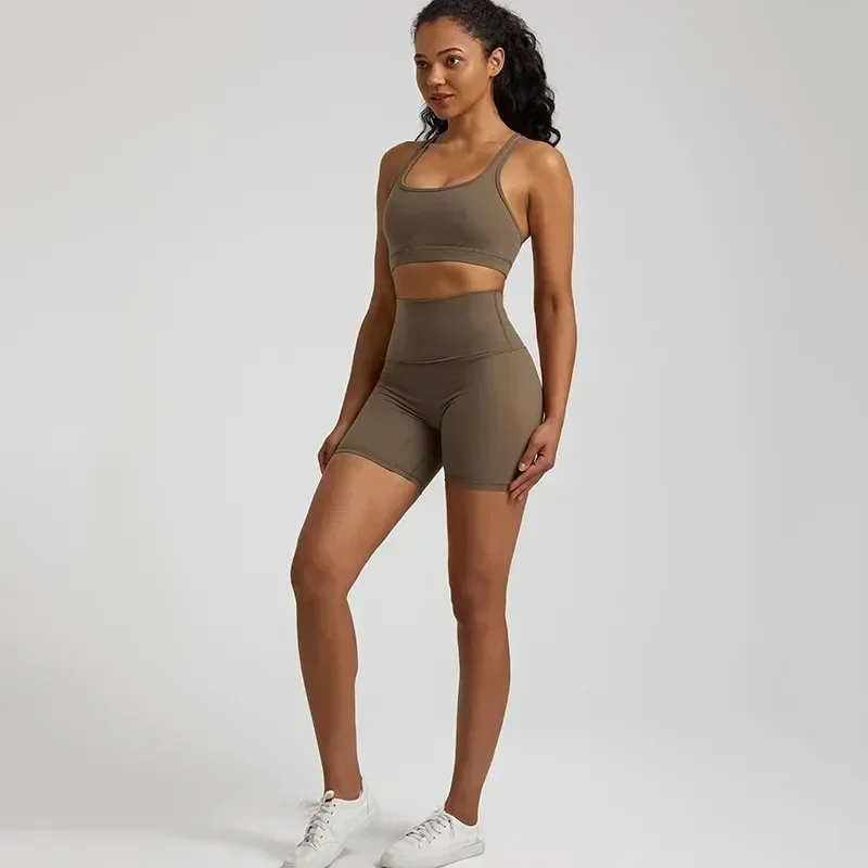 Lemon Soft Women Sport Suit High Waist Shorts Cross Fitness Bra 2pc Short Legging Yoga Set Gym Workout Training Hollow Out