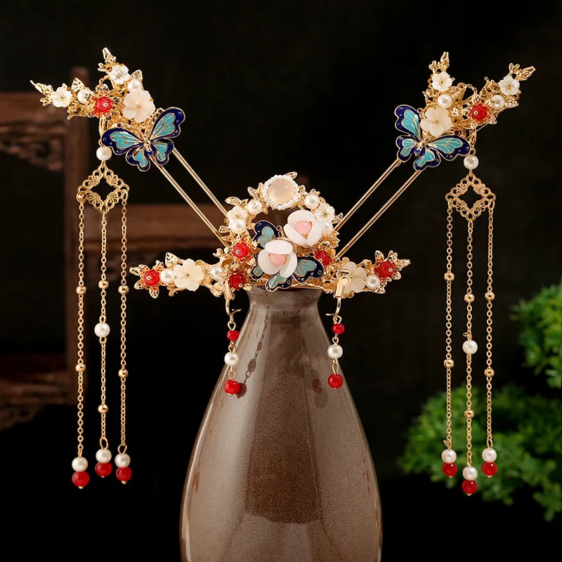 Chinese Hair Stick Hanfu headdress Long fringed step shake hairpin Girl Bridal Headdress Butterfly Retro Wedding Hair decoration slim jeans lady fashion high waist denim long pants button pocket decoration trousers woman color matching straight jeans