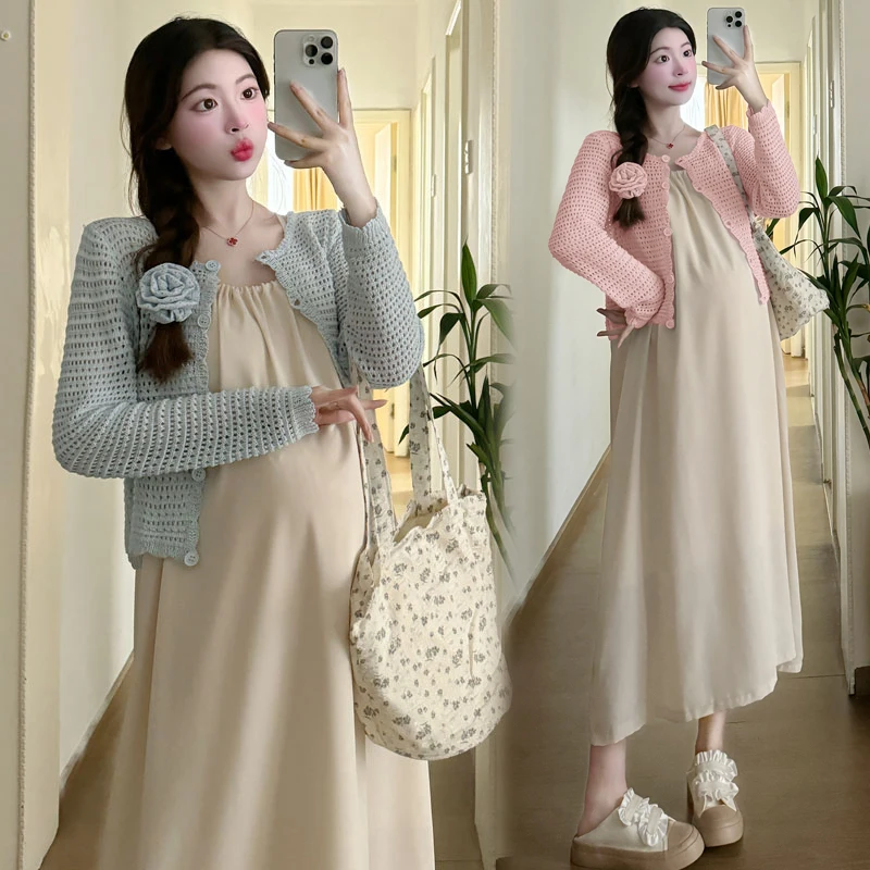 Spring Pregnant Women's Clothing Sets Long Sleeve Knitting Cardigans Strap Dress Twinset Fashion Maternity Dresses Suits