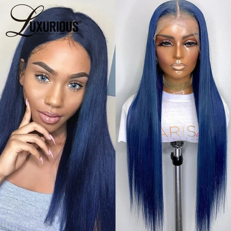 

Blue 13x4 Transparent Lace Front Wigs Long Silky Straight Human Hair Wigs For Black Women Pre Plucked Natural Hairline Wigs