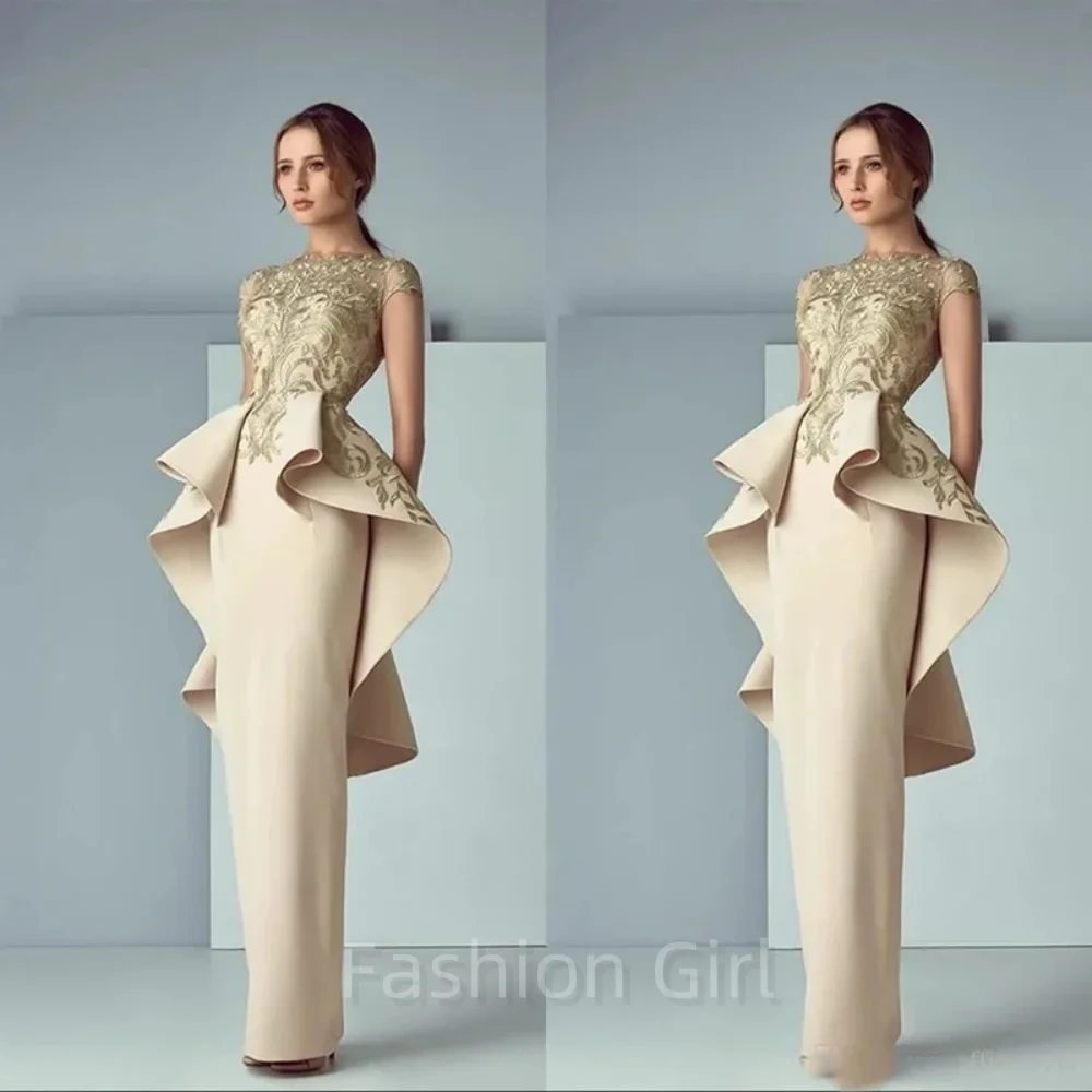 

Champagne Applique Ruffles Sheer Neck Short Sleeve Mother of the Bride Dress Occasion Formal Party Wedding Summer Custom 2024