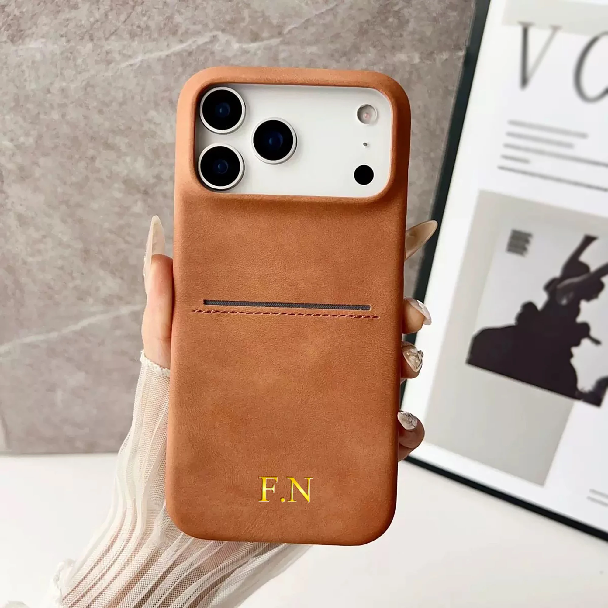 Personalized Vintage Faux Leather Insertable Card Case for iPhone 17
