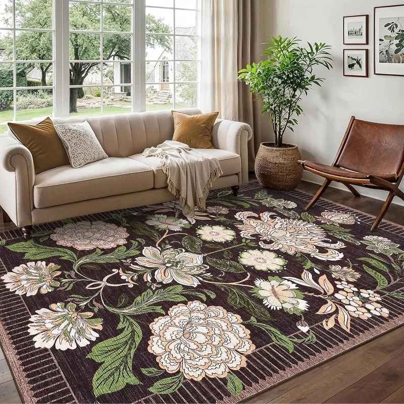 Floral Living Room Carpet Bohemian Striped Border Design Bedroom Plush Rugs Foldable Machine Washable Non-slip Cloakroom Mats 러그