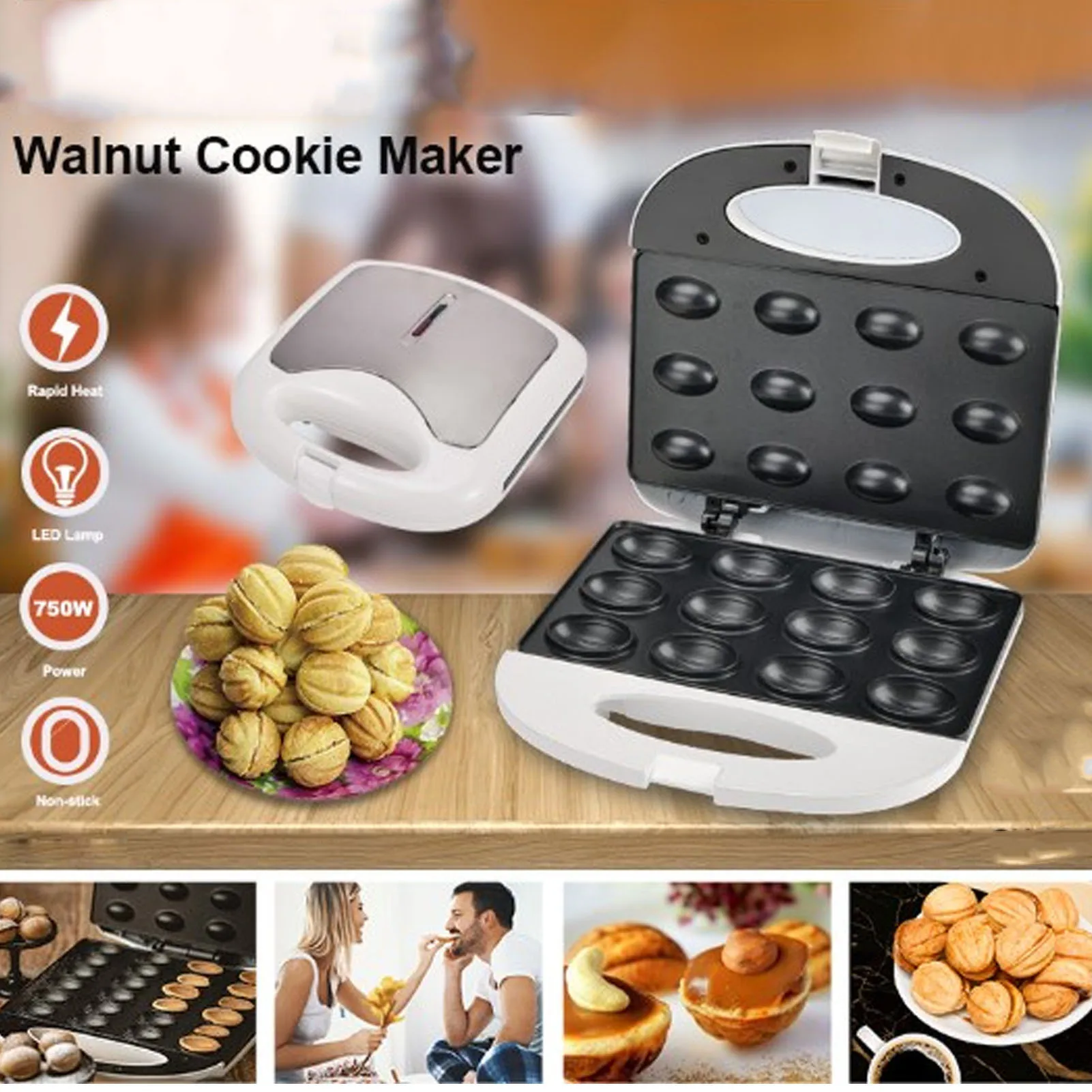 110V Nut Waffle Baking Machine Capacity Adjustable Temperature US Plug Nut Waffle Bread Machine Anti Stick for Breakfast