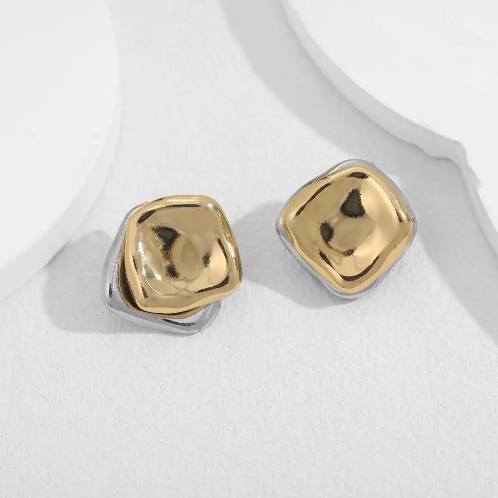 Creative Double Square Two-color Stud Earrings Stainless Steel 18K Gold Plated Statement Earring Thick Polished Chic Jewelry New
