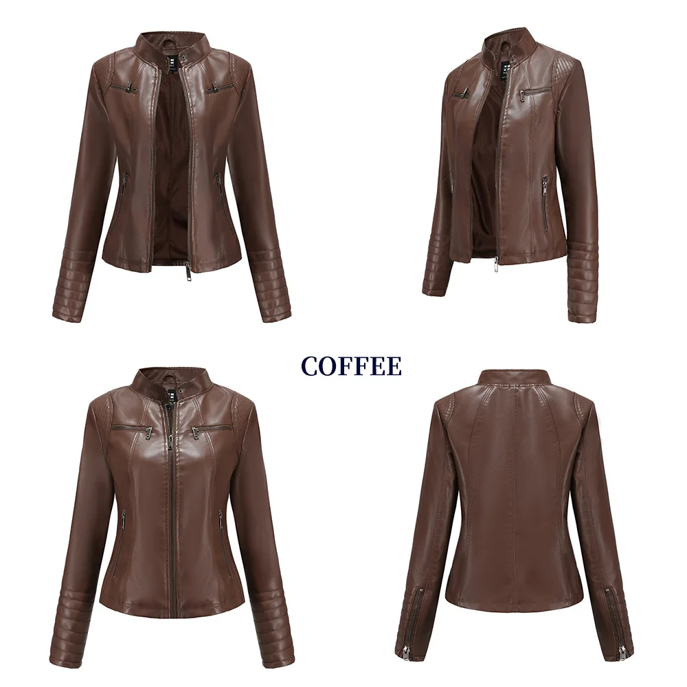 2026 New Women's Slim Leather Jacket, Stand-up Collar, Zipper Stitching, Monochromatic PU Coat, Fashion Clothing.