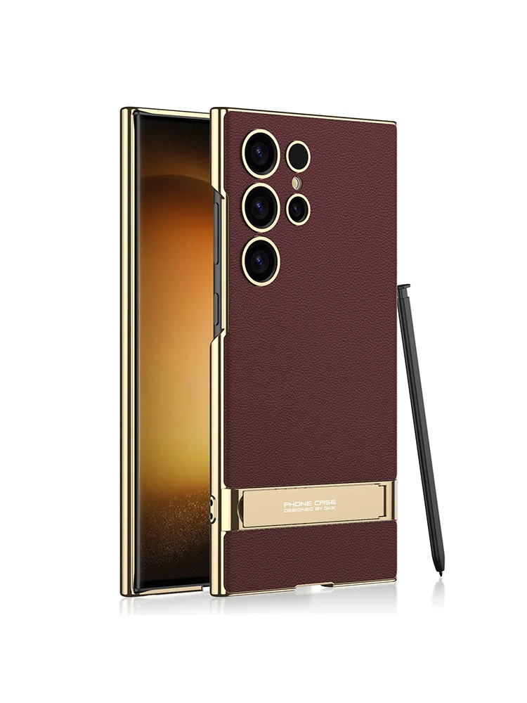 Luxury Stand Plain Leather Case with Electroplated Quality and Camera Protection