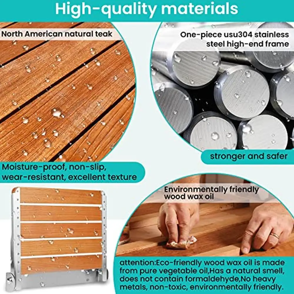 Wall Mounted Foldable Teak Shower Seat Bench Home Care Waterproof Non-Slip Space-Saving Easy Installation 440lbs Capacity 6