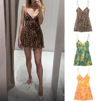 ETJ 2025 Summer New collection Women's vacation Style printed silk mesh sexy V-neck halter short Dress Hot Girl Dress