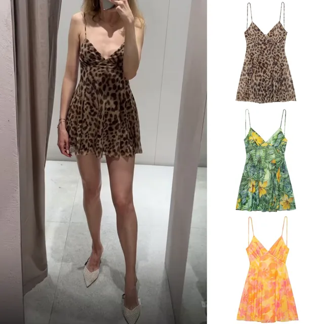 ETJ 2025 Summer New collection Women's vacation Style printed silk mesh sexy V-neck halter short Dress Hot Girl Dress