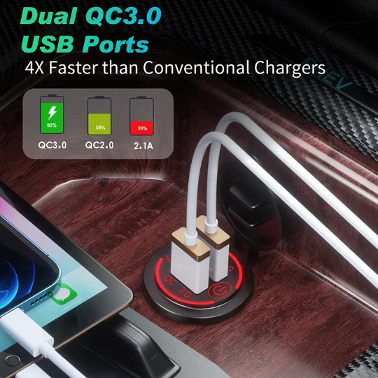 QC 3.0 듀얼 USB 급속 차량용 충전기 소켓 12V-24V 방수 터치 스위치 충전 어댑터 전원 소켓
