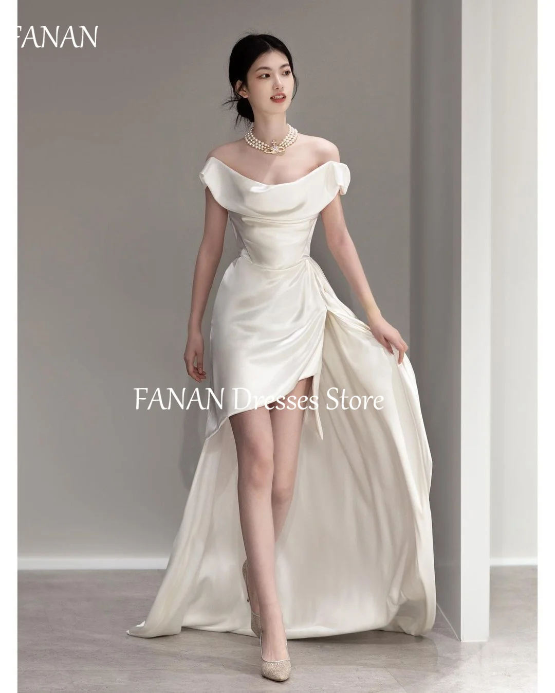 FANAN Korea Sheath Ivory Off the Shoulder Wedding Dresses Satin Backless Hi-Lo 웨딩드레스  Ruched Customized Bride Gowns Plus Size 3