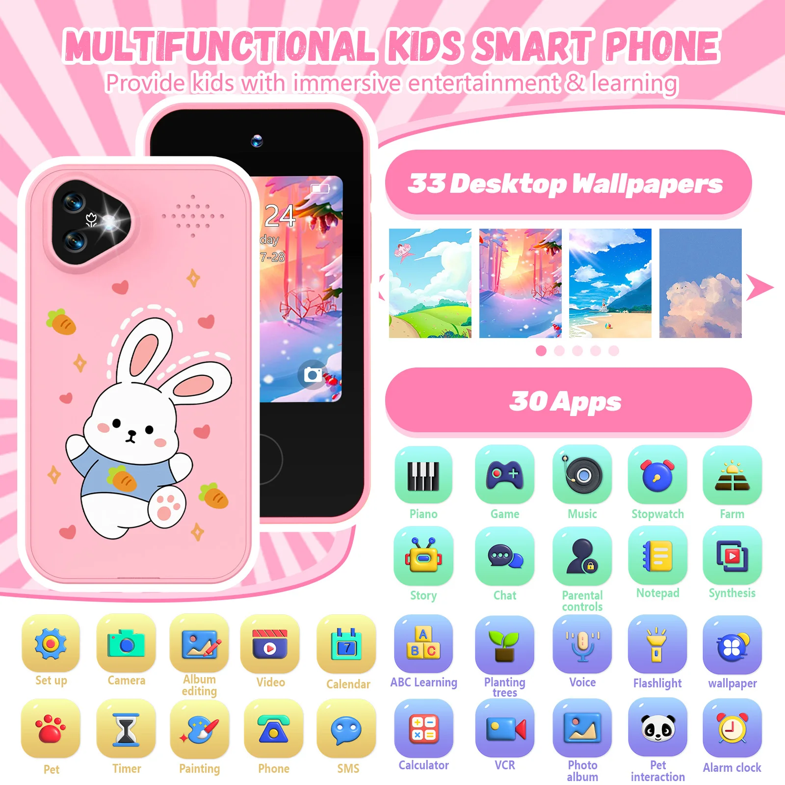 토끼 모양 스마트폰 카메라 장난감 터치스크린 베이비 모바일 MP3 플레이어 디지털 교육용 카메라 (38세 남아, 여아용)