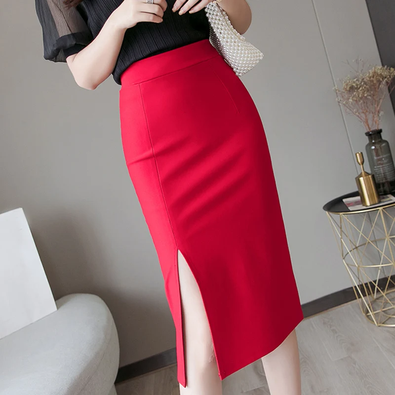 Women Skirts Fashion 2021 Red Black High Waist Skirt Women Sexy Side