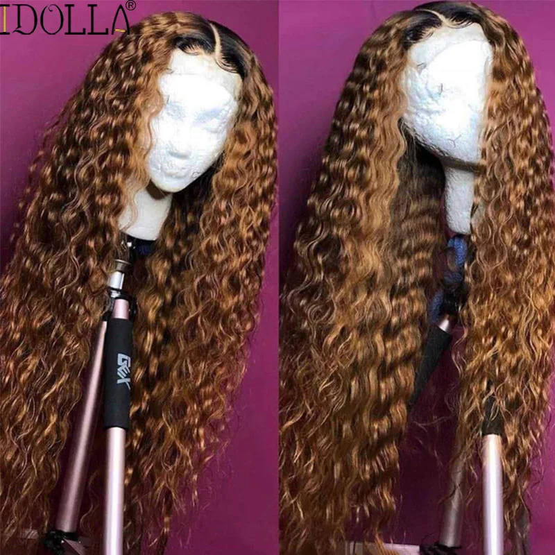 Jerry Curl Synthetic Wig Kinky Curly 13X4X1 T Part Lace Wigs Dark Root Ombre Brown Honey Blonde Synthetic Wigs Pre Plucked