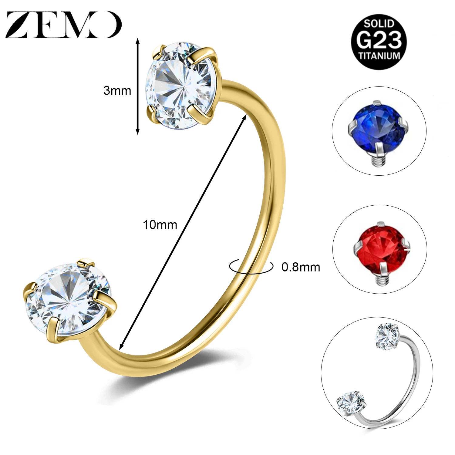 ZEMO 1개 20G ASTM-F136 티타늄 스틸 말굽형 코 링 더블 CZ 크리스..