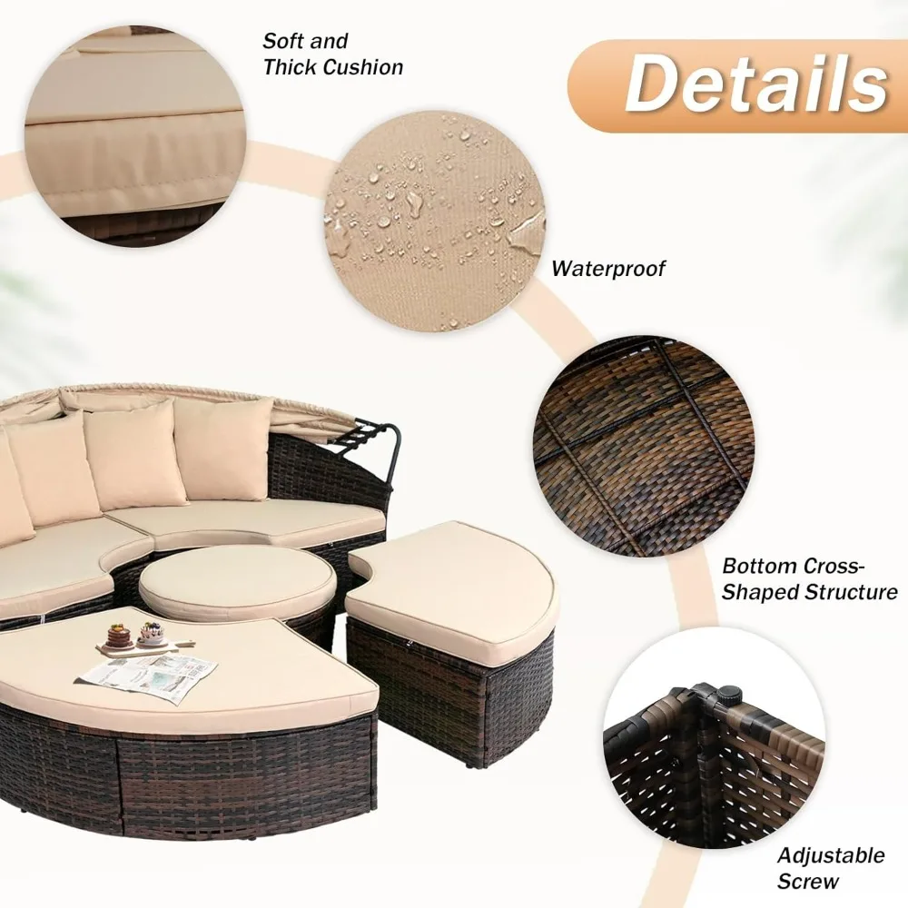 Patio Furniture Outdoor Round Daybed with Retractable Canopy Wicker Rattan Separated Seating Sectional Sofa for Patio Lawn 5