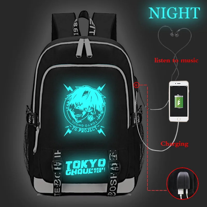 

Tokyo Ghoul Luminous Backpacks Student Schoolbag USB Charge Bag Boys bookbag Teens Fashion backpack Men Women Daily knapsack