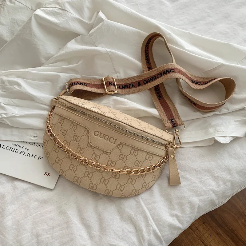 Fashion Simple Women's Waist Bag Chain Shoulder Crossbody Bag Hundred Ladies Chest Letters Printing PU Material pu crossbody bag