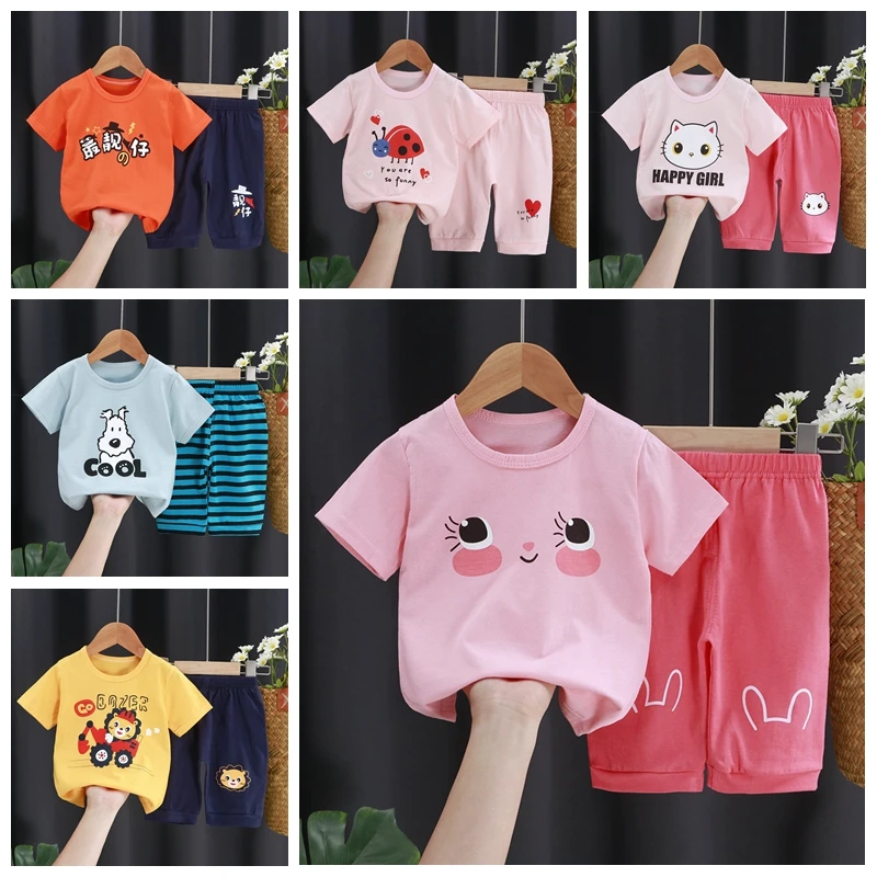 

2 Piece Set Kids Clothes Summer Short Sleeve + Middle Pants Suit Boys And Girls Casual Set Toddler Girl Clothes