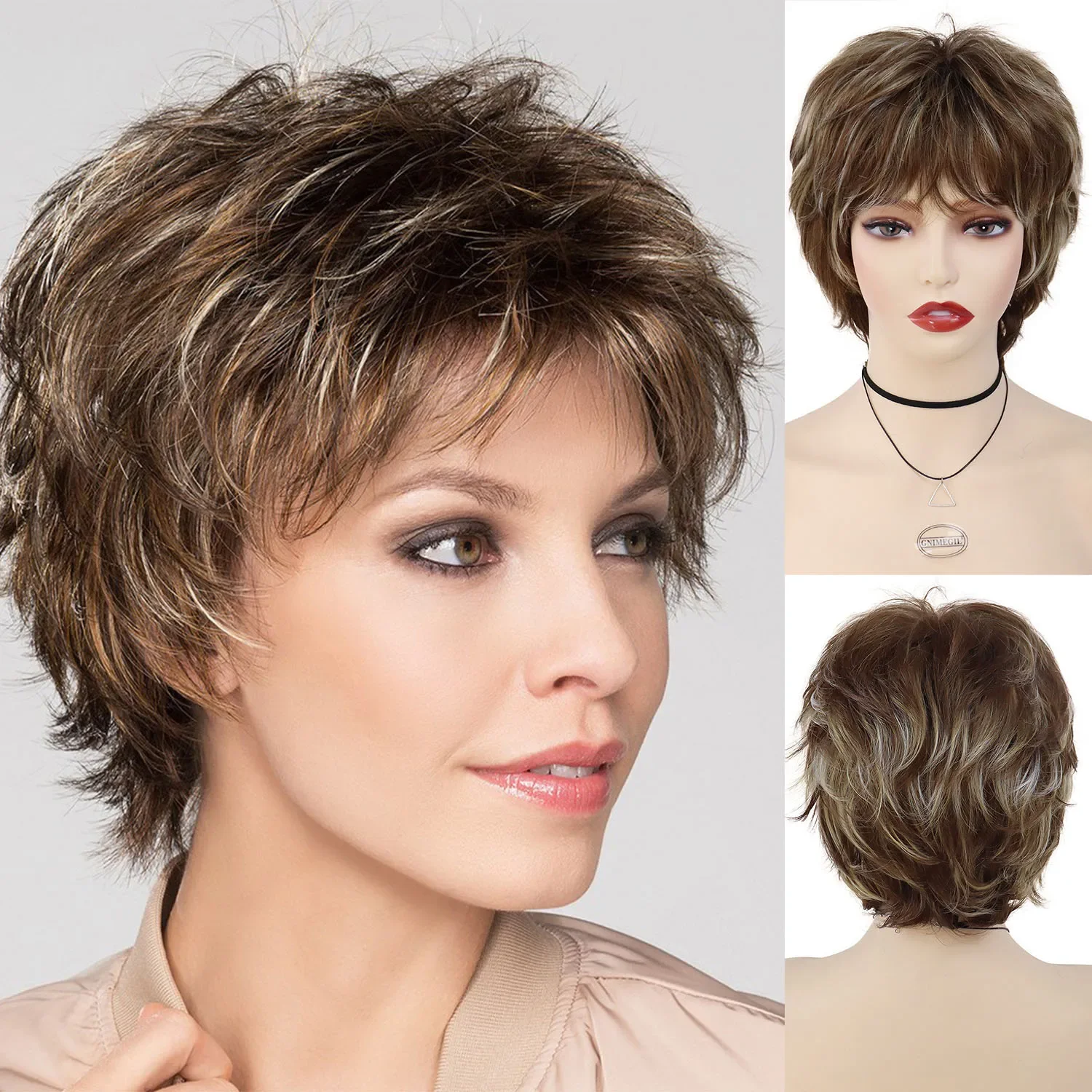 GNIMEGIL Synthetic Wigs for Women Natural Wig Mix Brown with Bangs Short HairCuts Mommy Wig Gifts Petite Size Old Lady Wigs