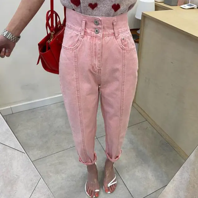  - Pink Chic Jeans Women Streetwear 2023 Summer Patchwork Soft Denim Lady Harm Pant Korean Fashion Vintage Bottoms Mom Jean