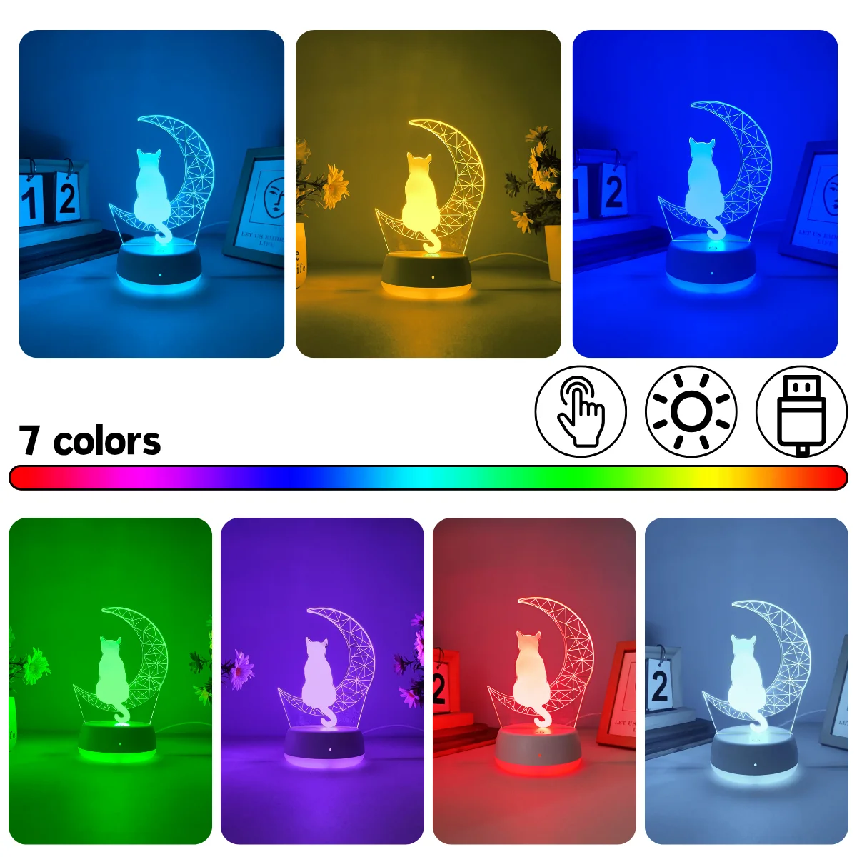 1pc 달의 고양이 3D 야간 조명, USB 전원, 침실 및 거실에 적합, 터치 스위치, 7가지 색상 변경.