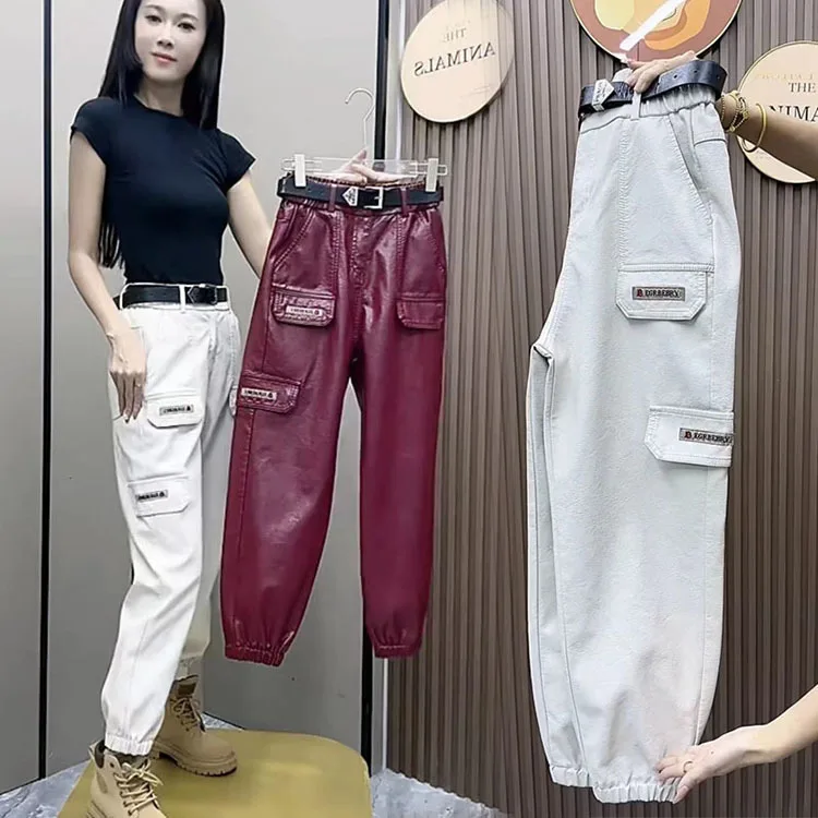 Women's Cargo Leather Pants Fall Winter New Classic Dark Department Fashion Trend Pocket Decoration Loose Oversized Pants 4XL