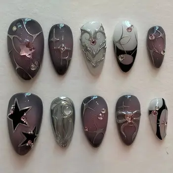 10pcs Dark Purple Fake Nails 3d Diamond Design Handmade Press on Nails Full Cover Wearable Y2k Spice Girl Almond False Nails