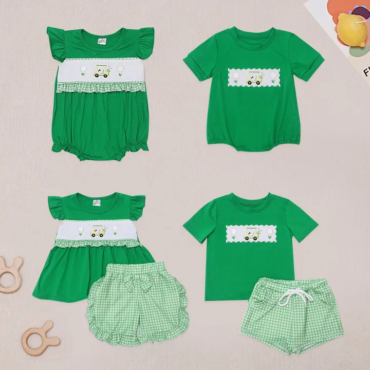 

Boutique Short Sleeve T-shirt Round Neck Car And Golf Embroidery Girls Romper With Bow Boy Green Top Clothes And Lattice Pants