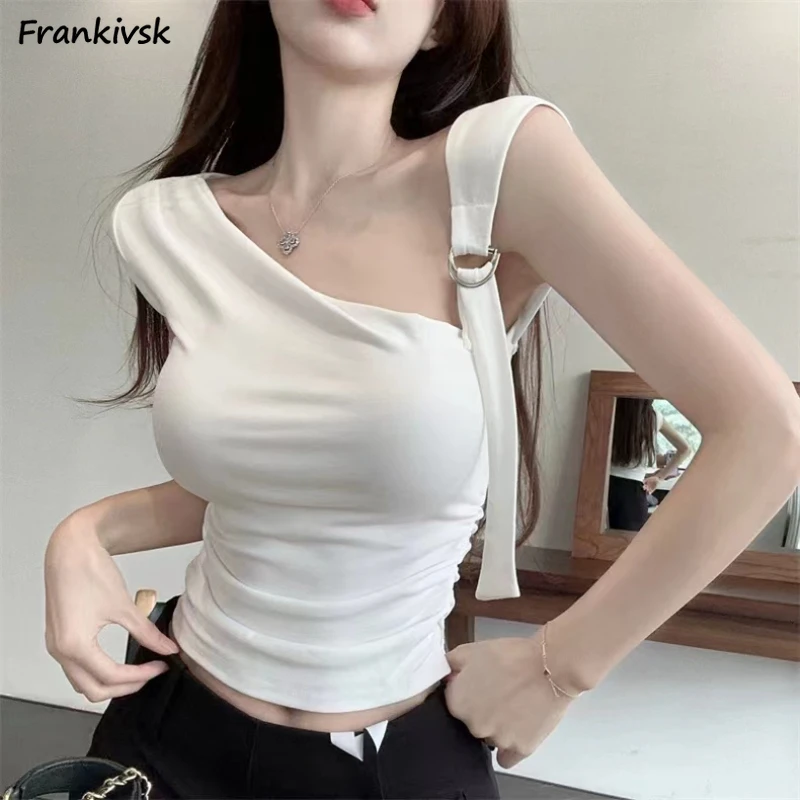 

Women T-shirts Off-shoulder Korean Popular Solid Colors Summer Slim High Street Asymmetric Crop Tops Spicy Girls Hot Harajuku