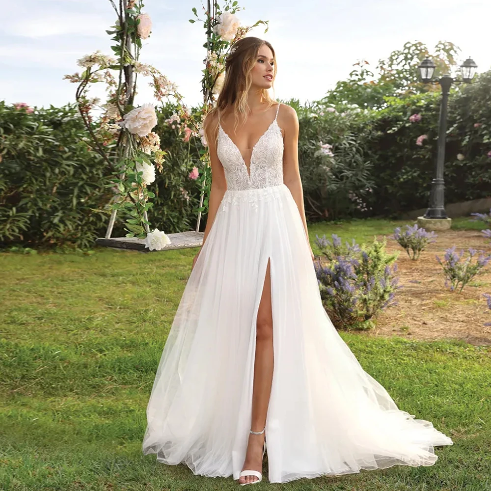 Sexy A-Line Wedding Dresses V-Neck Side Slit Lace Applique Beach Bridal Gowns | eBay Sexy A-Line Wedding Dresses V-Neck Side Slit Lace Applique Beach Bridal Gowns | eBay