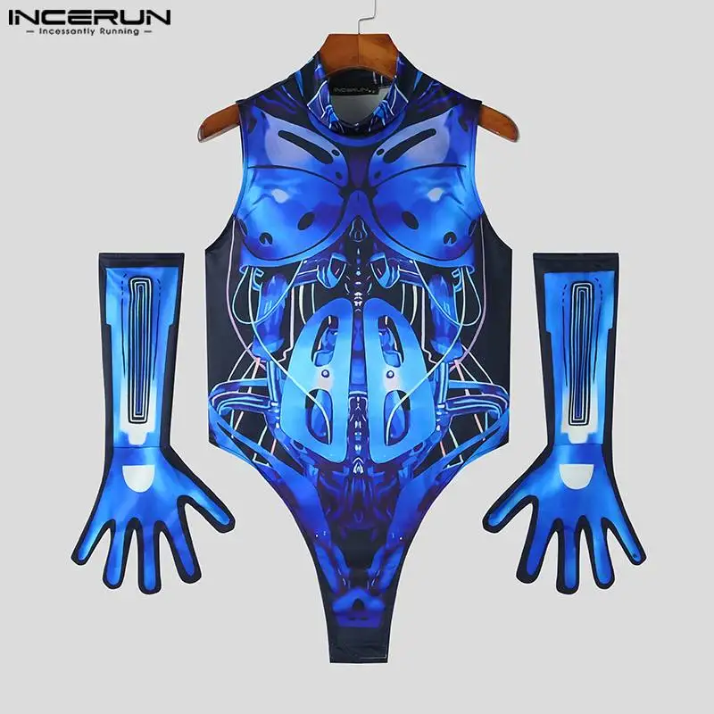 2023 Men Bodysuits 3D Printing Turtleneck Sleeveless Golves Fitness Male Rompers Tank Tops Sexy Fashion Bodysuit S-5XL INCERUN