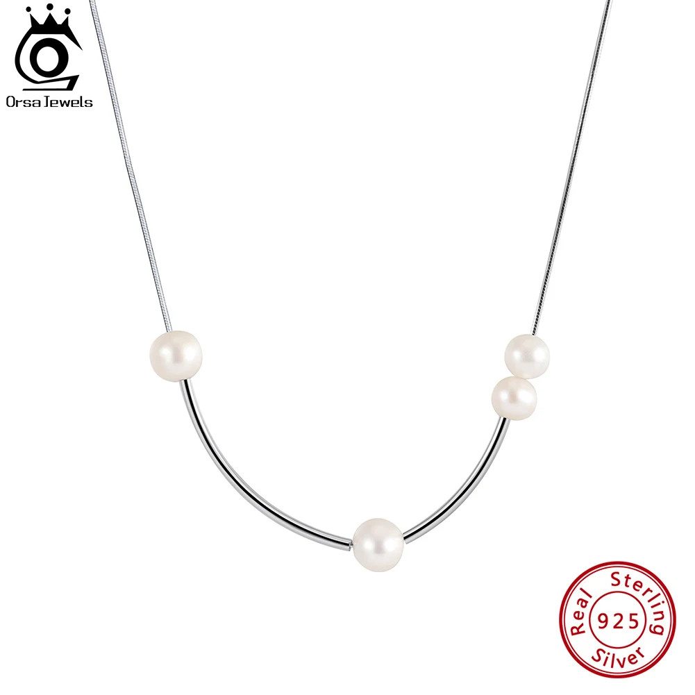 

ORSA JEWELS Real 925 Sterling Silver Snake Chains with Cultured Freshwater Pearl Choker Necklace for Women Fashion Jewelry GPN58