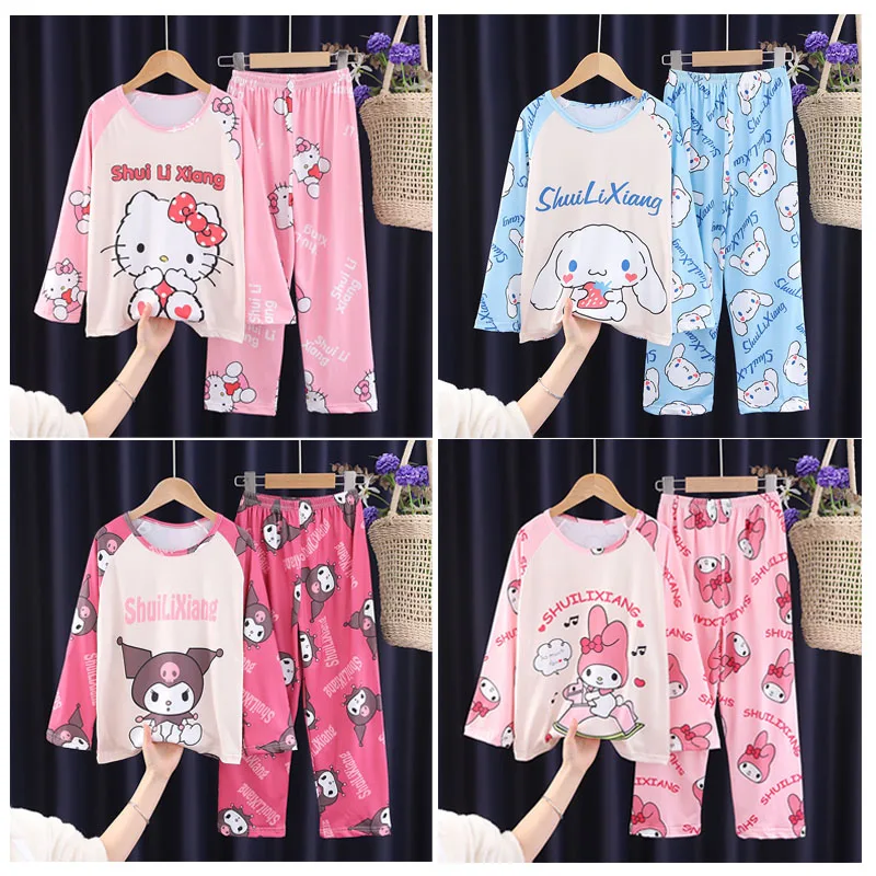 

2023 Kawaii Sanrio Hello Kitty Fall Kids Milk Silk Pajamas Set Cute Anime Cinnamoroll Kuromi Boys Girls Pajamas Kids Homewear