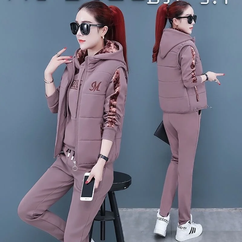 2024 Autumn Winter New Women's Casual Sweat Suit Fashion Plush Thickened Hooded Tops Waistcoat Pants 3 Three Piece Set For Women 2