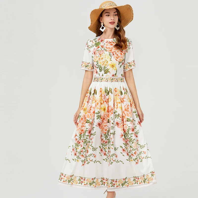 

Runway 2024 Women Floral Print Long Dress Summer Designer Short Sleeve O Neck Vintage Casual Aline Dresses Holiday Vestidos New