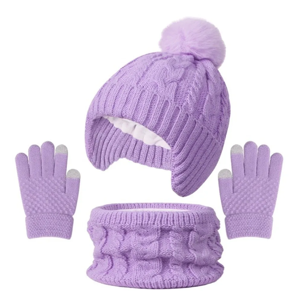 New Winter Hat Scarf Gloves Set 3-10Y Kids Warm Toddler Bonnet Windproof Thicken Pompom Knitted Hats Children's Outdoor