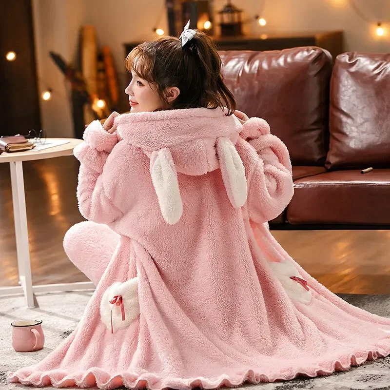 

Bigsize Flannel Sleepwear Women Princess Hooded Warm Velvet Nightgown Cute Coral Soft Winter Robe Bathrobe Loungewear Rabbit Set