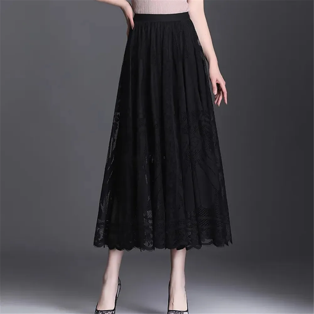 Black Lace Ruffles Tulle Skirt Women\'S Autumn Winter New A-Line Long Skirt Office Ladies Big Swing Gauze Hollow Pleated Skirt