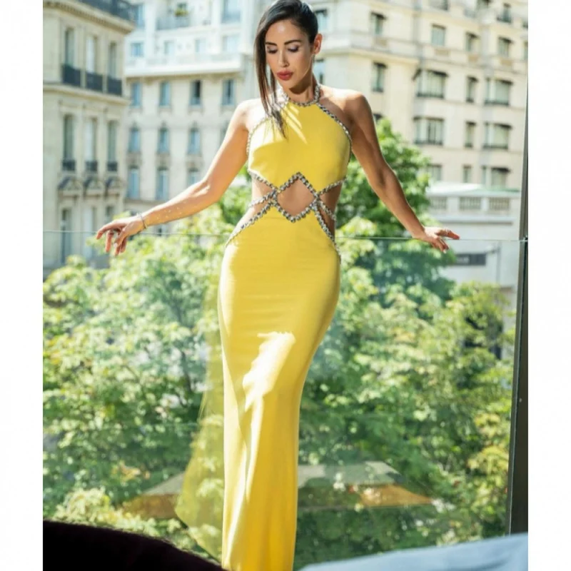 

Europe and America Cross Border Sexy Cutout Rhinestone Edge Hanging Neck Lemon Yellow Dress Fashion Hot Holiday Party Dres